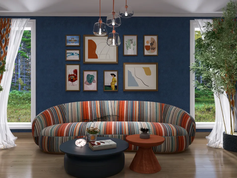 colorful striped sofa arranging in a modern living room style with an artistic gallery wall, showcasing an interior design concept using Homestyler's real-time 3D rendering feature.