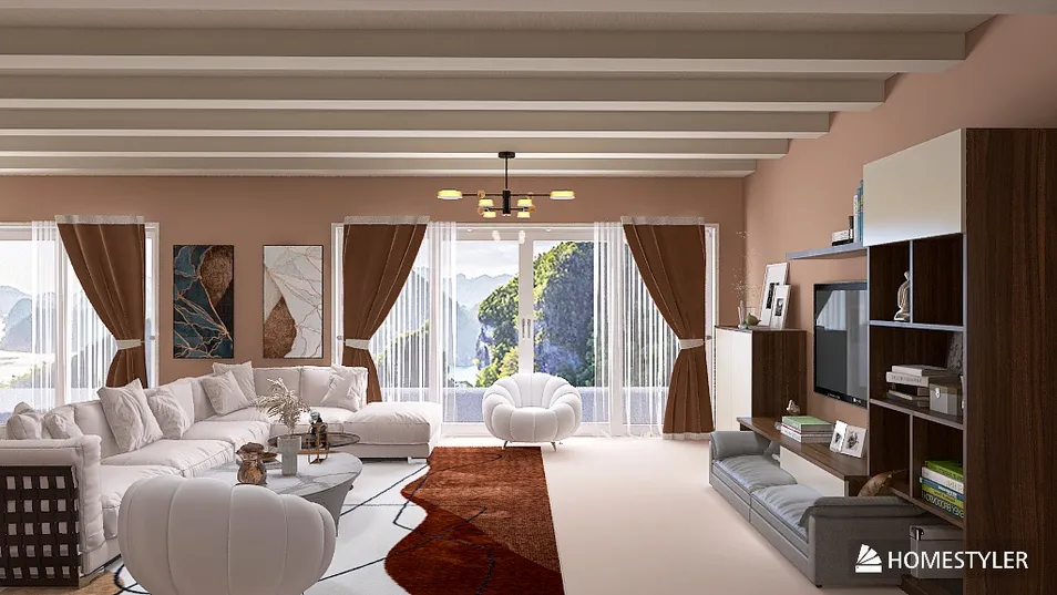 modern living room design featuring a sectional sofa and decorative elements, showcasing the versatility of interior decor with Homestyler's real-time 3D rendering.