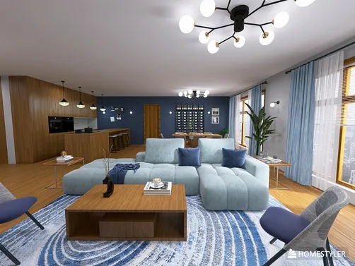 Contemporary living room featuring a cozy sectional sofa that enhances comfort, designed with a focus on maximizing space through smart furniture arrangement using Homestyler's real-time 3D rendering.