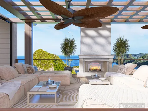 outdoor lounge furniture arrangement with ocean view in modern style providing a relaxing atmosphere, showcasing Homestyler's real-time 3D rendering feature