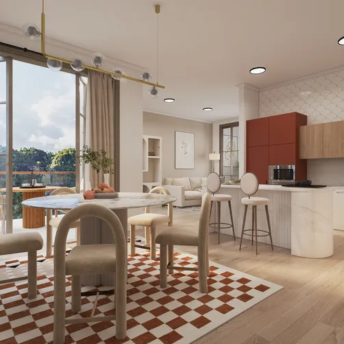 A modern dining area featuring a round table and upholstered chairs, designed for a cozy living space. This interior design incorporates a contemporary style to optimize small home layouts, utilizing Homestyler's real-time 3D rendering for effective visualization.