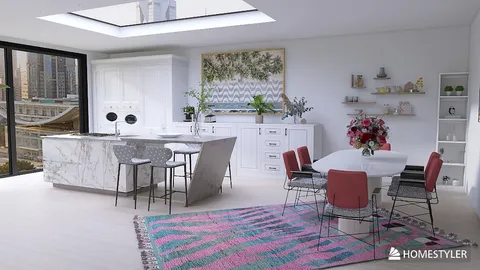 Modern kitchen design featuring a spacious island layout, showcasing a bright and airy aesthetic. This interior design image highlights the use of Homestyler's real-time 3D rendering feature for an elegant home styling experience.