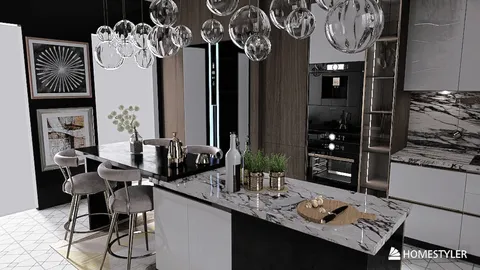 Stylish kitchen featuring a modern island with marble countertops and elegant pendant lighting, showcasing an upscale interior design concept, utilizing Homestyler's real-time 3D rendering for a detailed preview.