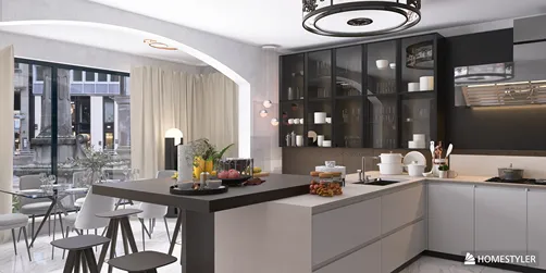 modern kitchen design showcasing open space layout with smart furniture arrangement for small spaces, featuring Homestyler's real-time 3D rendering functionality