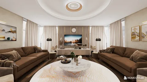 Modern living room designed with cozy furniture arrangement featuring a stylish marble coffee table, designed in a contemporary style, enhancing the space for relaxation and aesthetic appeal using Homestyler's real-time 3D rendering.