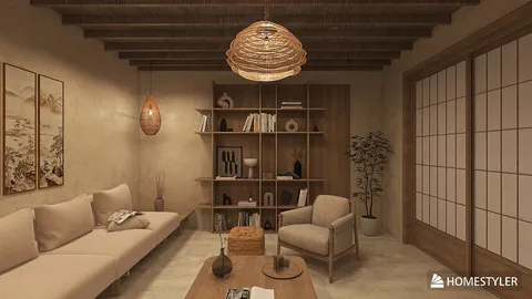 cozy living room featuring minimalist furniture arrangement in a modern rustic style, showcasing interior design with Homestyler's real-time 3D rendering functionality.