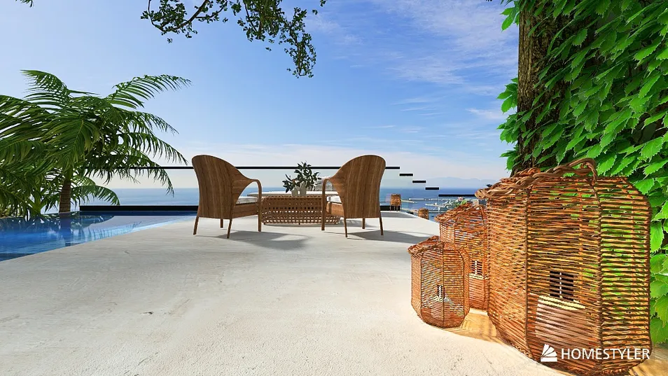 outdoor seating area with wicker chairs and decorative lanterns overlooking a pool, showcasing a modern tropical style, perfect for relaxation; featuring Homestyler's real-time 3D rendering for design preview.