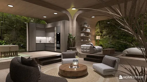 Modern living room with cozy furniture and natural elements, showcasing a 3D interior design rendering in an open concept layout, featuring AR virtual furniture placement from Homestyler for a seamless decor experience.