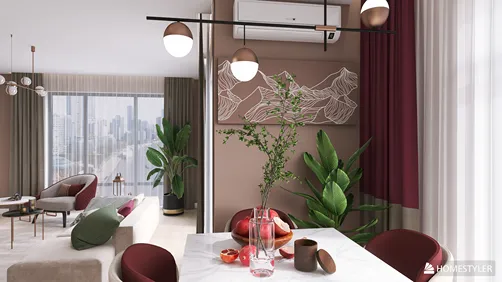 Modern dining area featuring a stylish table set up with vases and decorative items, enhanced by a minimalist design style, showcasing the efficiency of Homestyler's real-time 3D rendering functionality.