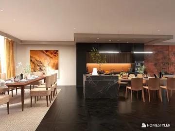 Modern kitchen design featuring a sleek dining area, showcasing a contemporary style that emphasizes open space and natural light, utilizing Homestyler's real-time 3D rendering for efficient visualization.