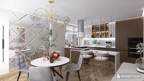 modern kitchen design featuring a contemporary dining area with a round table and stylish chairs, showcasing a harmonious blend of functionality and aesthetics, utilizing Homestyler's real-time 3D rendering for an immersive preview.