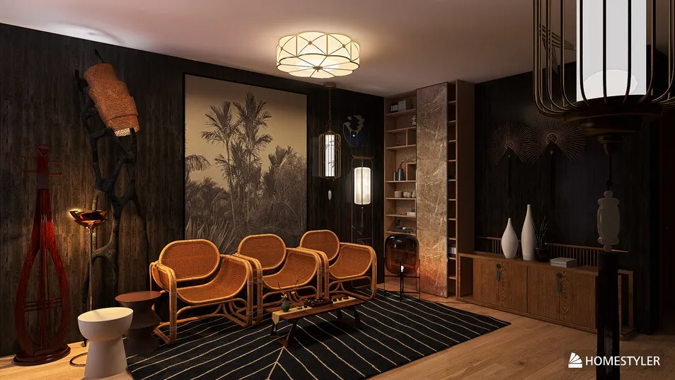 living room with rattan chairs and stylish decor showcasing modern design aesthetics and warm lighting, utilizing Homestyler's real-time 3D rendering feature for an immersive interior design experience.