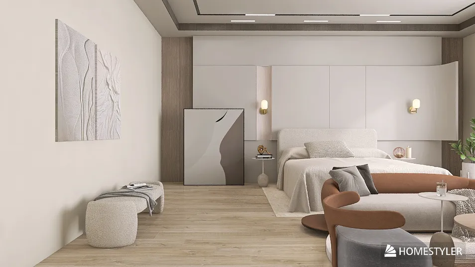 modern bedroom design featuring minimalist furniture arrangement with a neutral color palette, showcasing the intelligent furniture layout function of Homestyler.