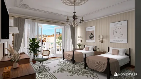 two twin beds arranged in an elegant bedroom design overlooking a scenic view, featuring a classic style with ornate decor and soft lighting, showcasing interior design expertise using Homestyler's real-time 3D rendering feature.