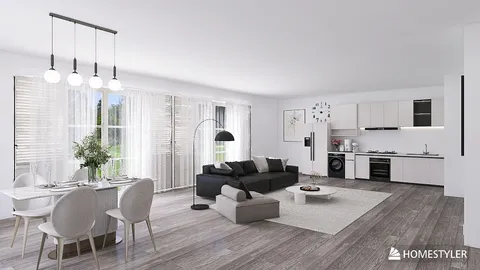 modern living room featuring a stylish black sofa and a dining area with white chairs, designed with a contemporary aesthetic, showcasing homestyler's real-time 3D rendering capability.