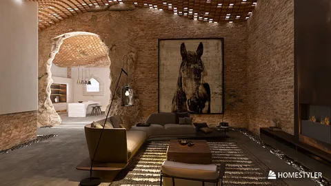 living room with rustic stone walls featuring a contemporary horse painting, showcasing a modern design style that highlights cozy interior decor and utilizes Homestyler's real-time 3D rendering feature.