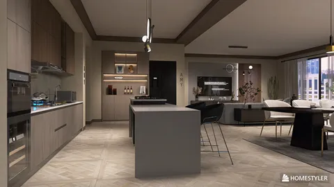 modern kitchen design featuring an island with seating, showcasing sleek cabinetry and contemporary appliances, ideal for interior decor inspiration; includes Homestyler's real-time 3D rendering feature for quick design previews.