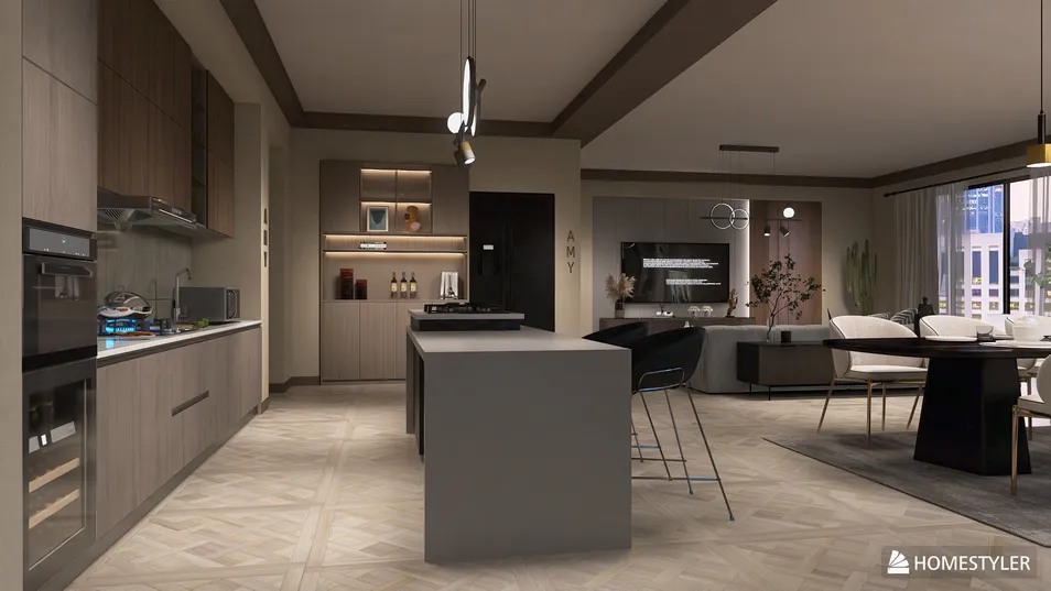modern kitchen design featuring an island with seating, showcasing sleek cabinetry and contemporary appliances, ideal for interior decor inspiration; includes Homestyler's real-time 3D rendering feature for quick design previews.
