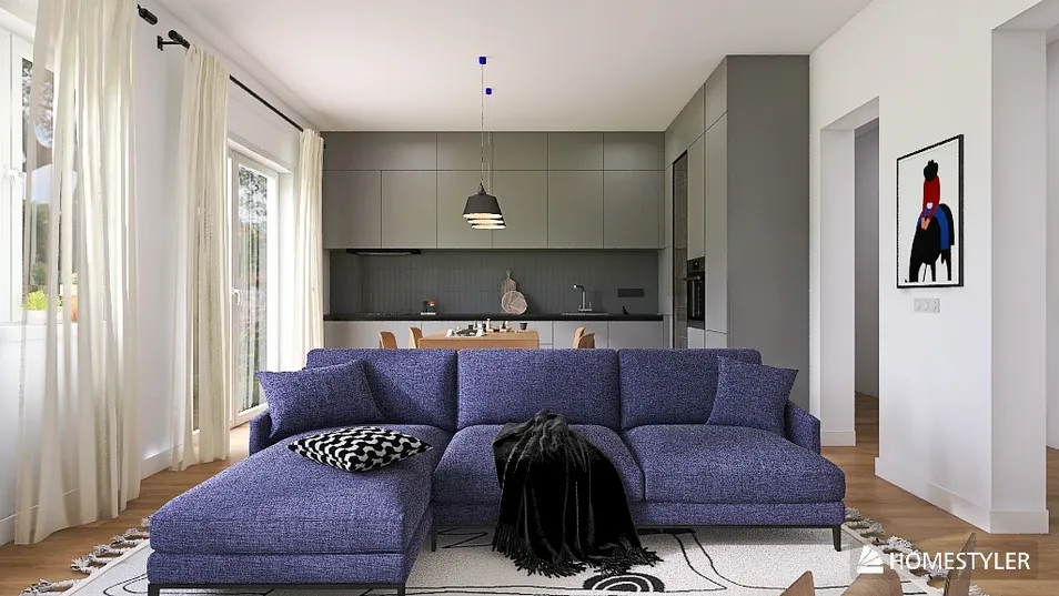 modern couch arrangement in a spacious living area with natural light, featuring a cozy open layout and efficient use of space with Homestyler's smart furniture placement tool.