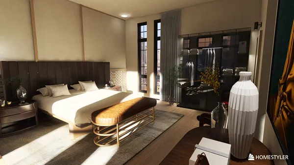 modern bedroom design featuring a cozy bed and a stylish bench, showcasing sleek furniture arrangement and warm lighting, highlighting Homestyler's real-time 3D rendering feature.