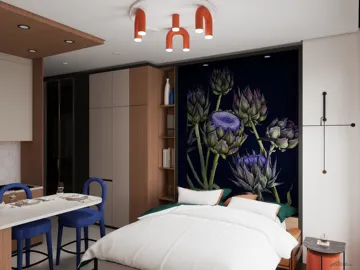 bedroom with floral mural design layout featuring modern furniture arrangement in a contemporary style, showcasing Homestyler's real-time 3D rendering capabilities for interior decoration.