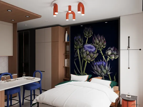 bedroom with floral mural design layout featuring modern furniture arrangement in a contemporary style, showcasing Homestyler's real-time 3D rendering capabilities for interior decoration.