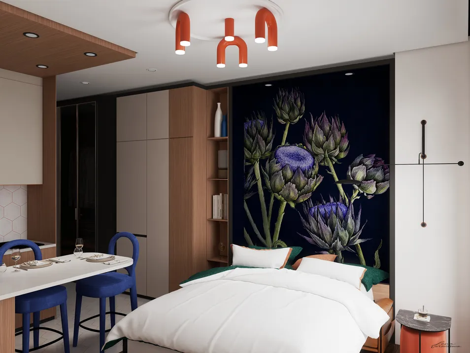 bedroom with floral mural design layout featuring modern furniture arrangement in a contemporary style, showcasing Homestyler's real-time 3D rendering capabilities for interior decoration.