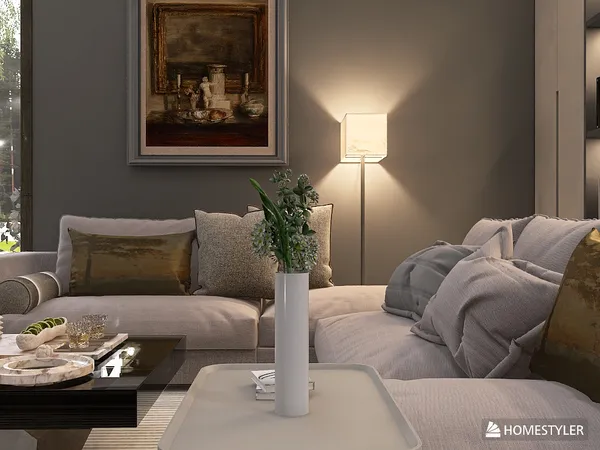 cozy living room with a modern sofa and elegant decor, showcasing a sophisticated design aesthetic and enhancing relaxation, utilizing Homestyler's real-time 3D rendering feature.