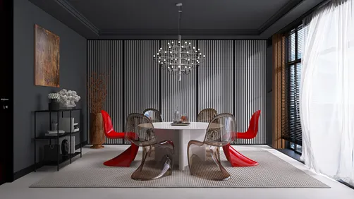 modern dining room featuring a round white table with six transparent chairs in red and gray tones, showcasing an elegant chandelier, designed using Homestyler's real-time 3D rendering for quick visualization.