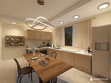 modern kitchen design featuring a stylish dining table and contemporary lighting, showcasing the functionality of Homestyler's real-time 3D rendering for an inviting space.