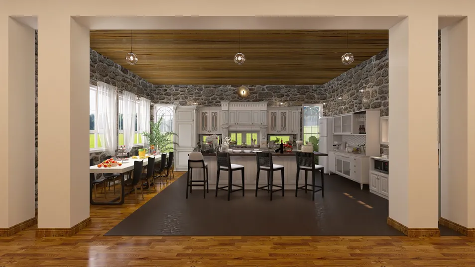 modern kitchen interior design with a spacious layout featuring a large central island and natural stone walls, showcasing Homestyler's real-time 3D rendering for an immersive preview of the renovation.