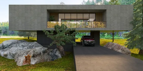 modern house exterior design showcasing a contemporary architectural style surrounded by nature with a focus on outdoor landscaping features, utilizing Homestyler's real-time 3D rendering to visualize the design.