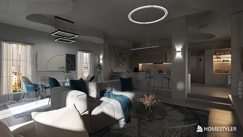 modern living room with cozy sofa arrangement featuring ambient lighting in a contemporary style showcasing interior decor design, enhanced by Homestyler's real-time 3D rendering.