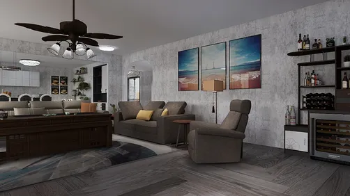 living room with modern furniture arrangement showcasing a cozy design style and a functional layout, featuring real-time 3D rendering from Homestyler.