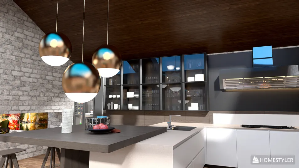 modern kitchen design featuring pendant lighting and a sleek countertop with fruit arrangement, showcasing a contemporary style and enhancing culinary space value using Homestyler's real-time 3D rendering feature.