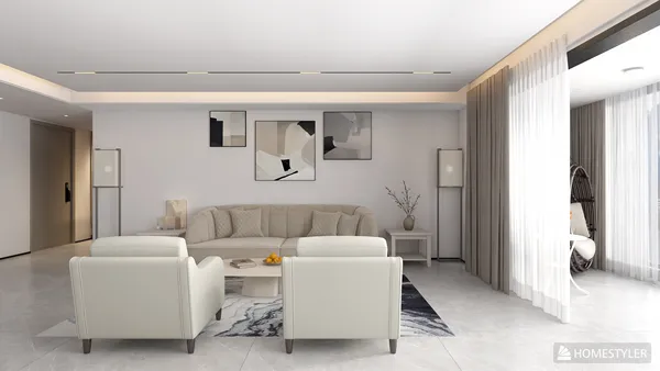 Modern living room design featuring a cozy sofa arrangement, showcasing minimalist style and spaciousness, utilizing Homestyler's real-time 3D rendering to preview renovation effects.