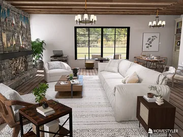 cozy living room layout with furniture arrangement using smart furniture placement feature by Homestyler, featuring rustic style and enhancing space functionality