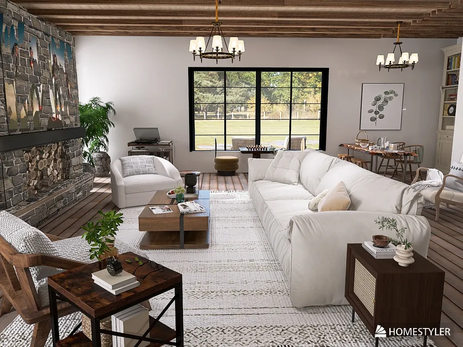 cozy living room layout with furniture arrangement using smart furniture placement feature by Homestyler, featuring rustic style and enhancing space functionality