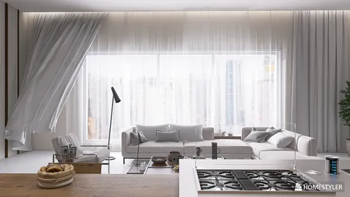modern living room design featuring a spacious layout with a cozy sofa and light curtains, utilizing Homestyler's real-time 3D rendering for interior visualization.