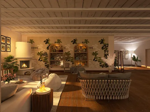 Cozy living room interior featuring a fireplace and plant decor, showcasing a modern farmhouse style while utilizing Homestyler's real-time 3D rendering for design proposal previews.