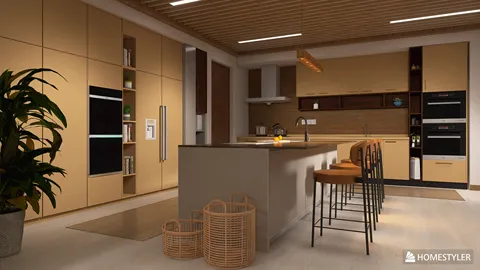 Modern kitchen with sleek cabinetry and a central island featuring bar stools, designed using Homestyler's real-time 3D rendering for an efficient visual preview of the space.