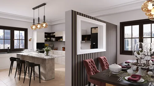 modern kitchen design featuring a spacious layout with an elegant dining area, showcasing contemporary furniture arrangement and a cozy dining atmosphere, highlighting Homestyler's real-time 3D rendering capability.