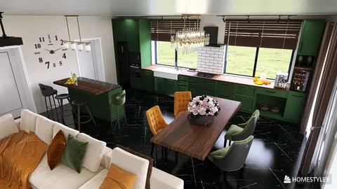 Modern kitchen with a green cabinetry layout, featuring a large dining table and bar area, styled with elegant lighting and floral decor, showcasing a contemporary interior design aesthetic; utilizing Homestyler's real-time 3D rendering feature for an immersive design preview.