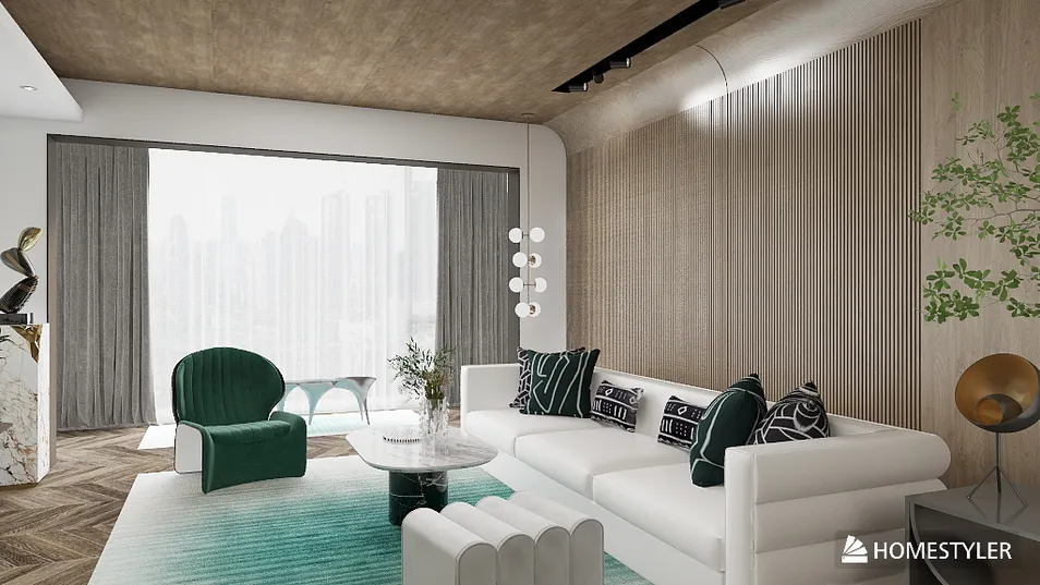 Modern living room design featuring a luxurious sofa and elegant decor elements in a contemporary style, showcasing interior decor concepts with Homestyler's real-time 3D rendering capabilities.