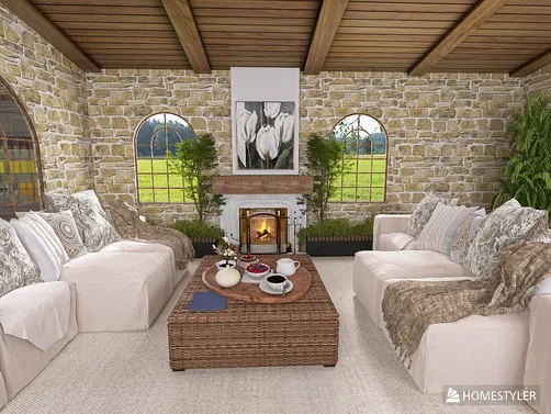 cozy living room with stone walls featuring a fireplace and large windows, designed in rustic style, showcasing interior decor for a warm atmosphere, utilizing Homestyler's 3D rendering feature.