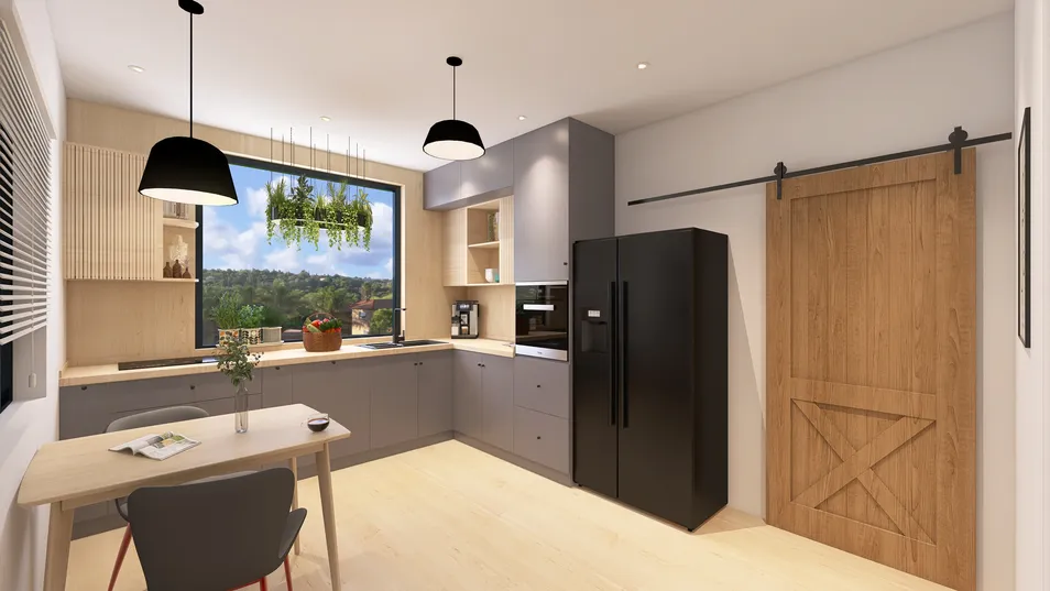 Modern kitchen design featuring a sleek layout with grey cabinets and wooden accents, showcasing a functional workspace and maximizing natural light; interior design focusing on contemporary aesthetics, utilizing Homestyler's real-time 3D rendering feature.