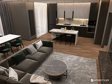 modern living room and kitchen design showcasing furniture arrangement in an open space style with a focus on interior decor optimization using Homestyler's real-time 3D rendering feature.