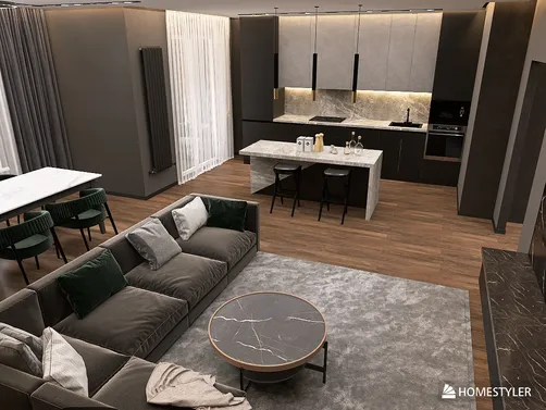 modern living room and kitchen design showcasing furniture arrangement in an open space style with a focus on interior decor optimization using Homestyler's real-time 3D rendering feature.
