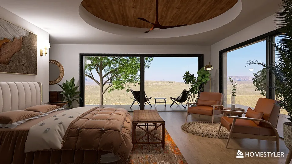 modern bedroom design featuring large windows with scenic views, utilizing Homestyler for real-time 3D rendering to preview layout and decor, focusing on minimalist style and spacious living.