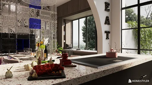 modern kitchen island with gourmet dishes and elegant decor showcasing a contemporary design style in a spacious dining area that emphasizes culinary creativity, utilizing Homestyler's real-time 3D rendering feature.